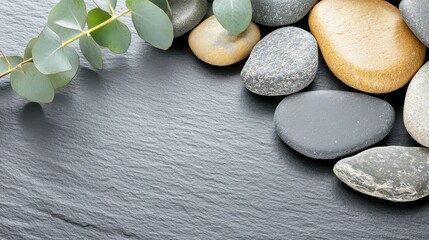 Smooth River Stones and Eucalyptus Leaves on Slate Background