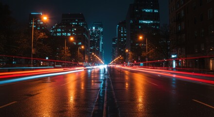 Streets bathed in city light glow with blurred light trails during a tranquil night scene.
