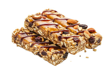 Homemade granola bars with honey drizzle, nuts, and dried fruit, on a white background