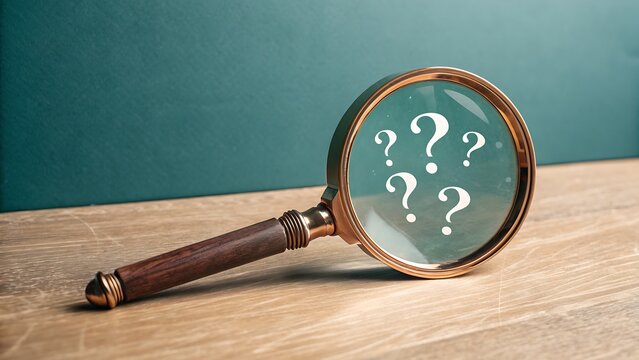 Photo of a vintage magnifying glass rests on a wooden table, its lens displaying multiple question marks, symbolizing mystery, inquiry, and the search for answers