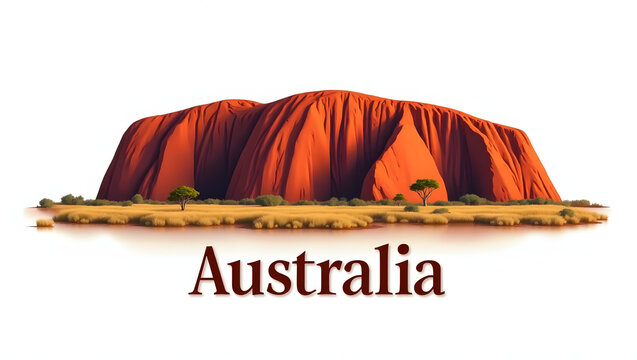 3D illustration of Uluru with textured rock and the word 'Australia' in bold lettering. Clean and natural feel on white background.