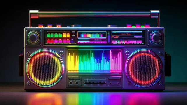 Retro boombox features vibrant sound wave visuals while music plays in a darkened environment