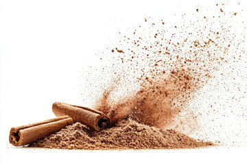 Rich brown cinnamon powder in a neat pile with a light dusting around it, on a white background