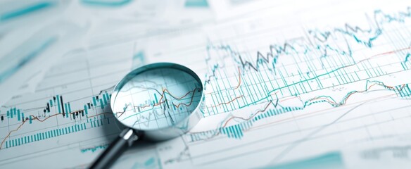 Fototapeta na wymiar The magnifying glass highlighting financial data and market trends on paper.