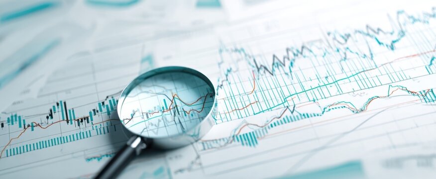 The magnifying glass highlighting financial data and market trends on paper. - Powered by Adobe