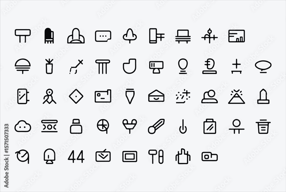 Poster Collection of simple modern minimalist line art icons representing various objects and concepts on a clean background