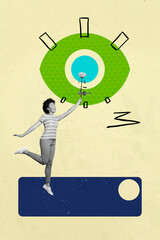 Collage of person standing under symbolic eye representing control surveillance spying manipulation...