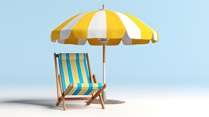 Striped Deck Chair and Yellow Umbrella against a Light Blue Background, Summer Vacation