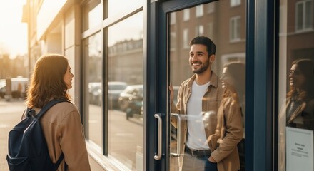 Sunlit Encounter: Smiling Man Welcoming Woman at Glass Door Entrance