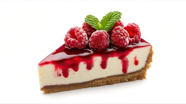 A slice of creamy cheesecake topped with raspberries, shiny red glaze, and mint leaves, isolated on a white background. The image highlights the texture, freshness, and elegance of this indulgent dess