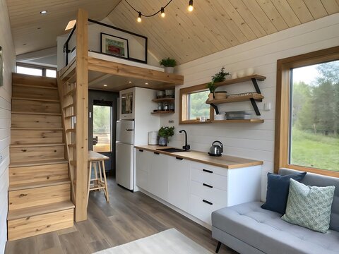 Cozy tiny house interior with loft ladder and modern kitchen high resolution photo