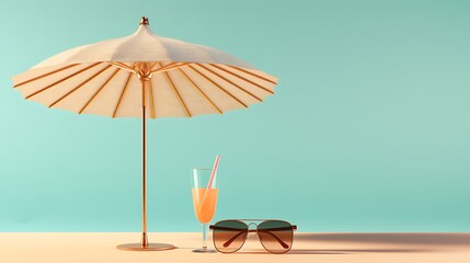 Summer Vacation Still Life Umbrella, Cocktail, and Sunglasses on a Pastel Background