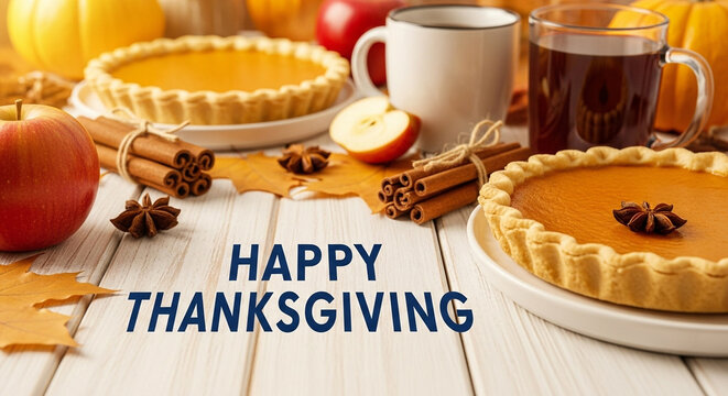 Festive Happy Thanksgiving Scene White Wooden Table Two Pumpkin Pies Red Apples Cinnamon Sticks Star Anise White Mug Clear Glass Mug Blurred Pumpkins - Powered by Adobe