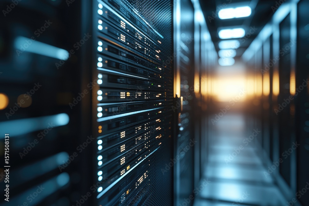 Leinwandbilder Close-up of glowing server racks in futuristic data center corridor with ambient lighting, representing digital infrastructure, cloud computing, and data technology