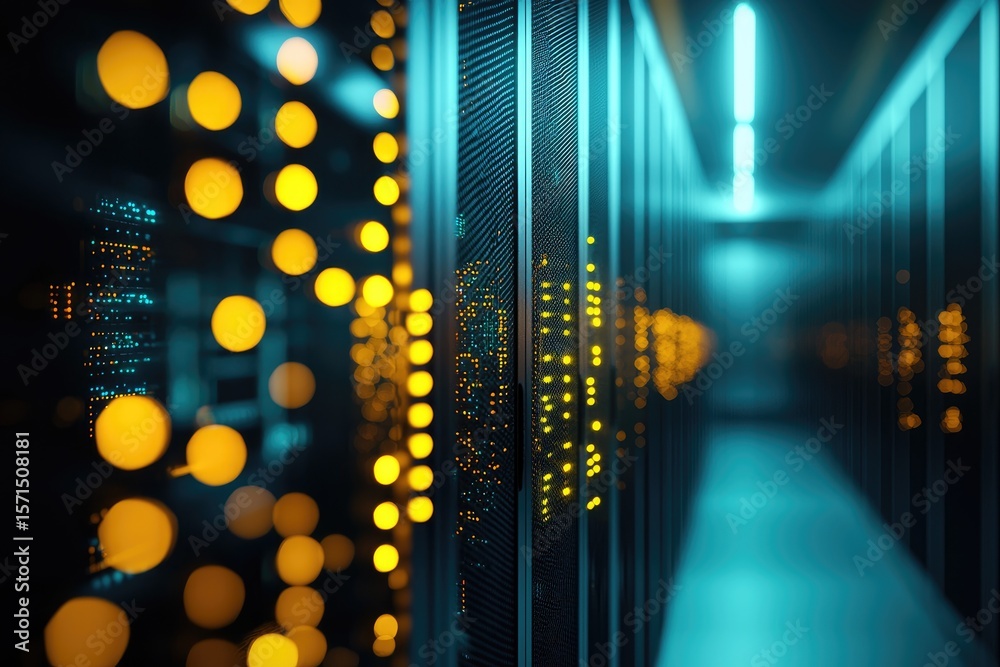 Poster close-up of illuminated server racks with glowing yellow and blue lights in futuristic data center, 
