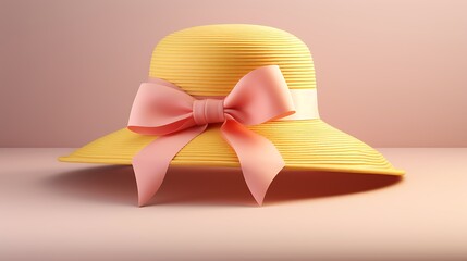 Summery Yellow Straw Hat with Pink Ribbon Bow on Light Peach Background