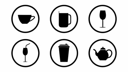 Collection of different types of drinkware icons inside black circles on a white background design