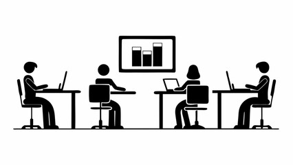 Four people working at desks with laptops in an office with a chart on the wall behind them