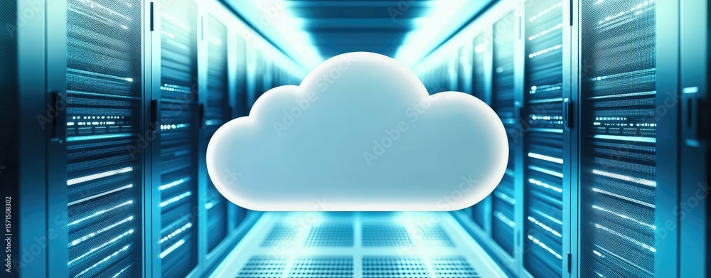 Poster 3D glowing cloud icon over illuminated data server room, representing cloud computing, data storage, and futuristic digital infrastructure concepts for tech use