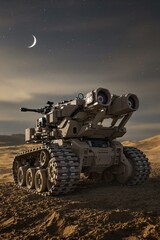 Fototapeta premium Realistic Futuristic Armored Vehicle Tank with Guns in Desert Landscape