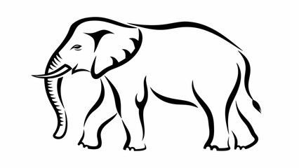 Stylized black and white depiction of an elephant walking with its trunk curved forward elegantly