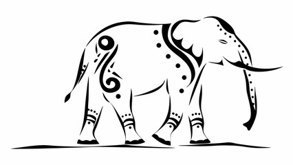 Stylized illustration of an elephant with tribal patterns in black and white design walking on a line