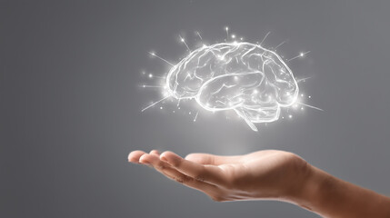 Human Hand Holding Glowing Digital Brain 