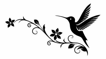 Silhouette of a hummingbird flying near a floral vine with flowers and leaves illustration art design