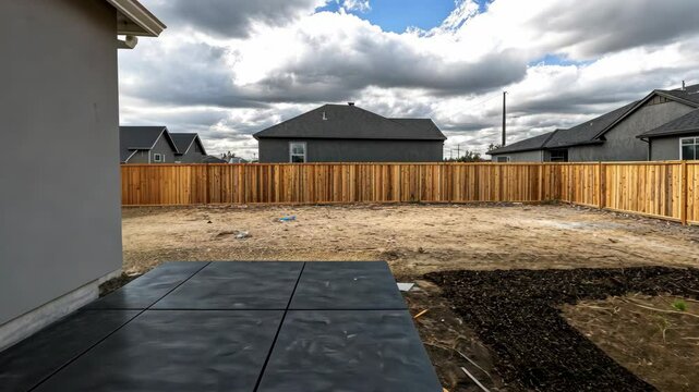Space showcases a newly built patio area with a clean layout, preparing the ground for landscaping and planting possibilities