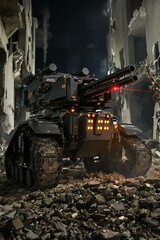 Futuristic Detailed Armored Tank Vehicle War Machine Standing in Ruined City