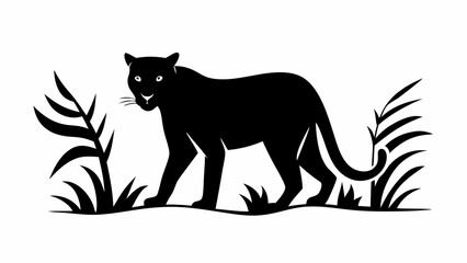 Black panther prowling through dense foliage in a monochromatic jungle setting illustration art