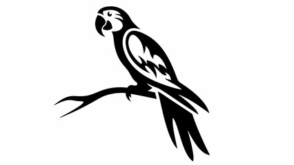 Illustration of a black parrot perched on a branch with decorative wing markings in silhouette style
