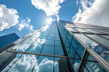 Modern glass office building reflecting blue sky and clouds high resolution photo