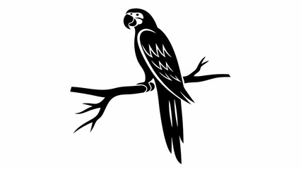 Illustration of a black parrot perched on a branch with detailed feather patterns and a white background
