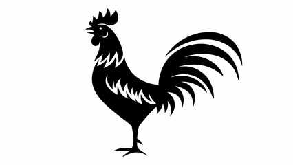 Silhouette of a rooster standing with its head held high and tail feathers arched in a simple design