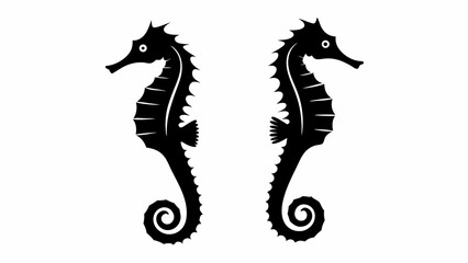 Two seahorses facing each other in black silhouette with curled tails and spiky dorsal fins on white
