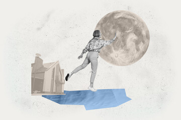 Zine 3d poster art collage of happy girl guy stand space galaxy moon planet cosmos discovery...