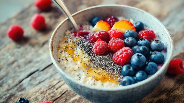A close-up of creamy oatmeal in a ceramic bowl, topped with blueberries, raspberries, chia seeds, honey, and nectarine slices on a rustic wooden surface, perfect for a healthy and vibrant breakfast.
