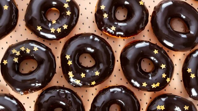 A top-down view of chocolate-glazed donuts with a shiny finish, decorated with golden star sprinkles. Neatly arranged on parchment paper with small black hearts, creating a charming and appetizing sce