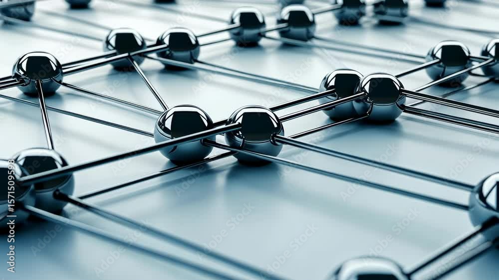 Poster close-up of interconnected metallic spheres and lines showcasing the complexity of a network structu