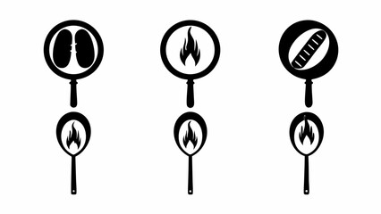 Three black and white images depicting food being cooked in a pan over a flame on a white background