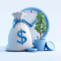 Time is Money Bag of Dollars, Clock, Coins, and Growing Plant Illustration