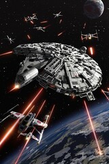 Digital Render Sci-Fi Spaceship Battle Scene in Deep Space