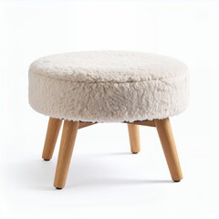 Round fluffy stool with wooden legs, offering cozy seating solution on white background