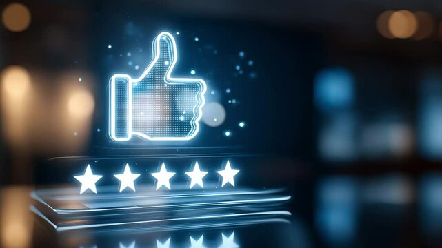 A glowing thumbs up symbol along with five stars rating is displayed in a modern tech setting, signifying user approval and positive feedback