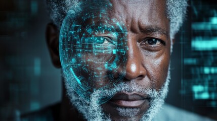 African American man with gray hair, showcasing a digital interface overlay on his face, representing advanced technology and artificial intelligence concepts in a futuristic environment
