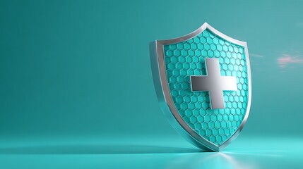 Turquoise Hexagonal Shield with Silver Cross on a Teal Background for Health Protection