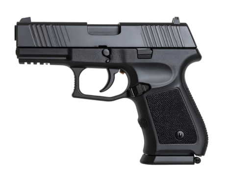 A sleek modern handgun rests in a ready position, showcasing its intricate design.