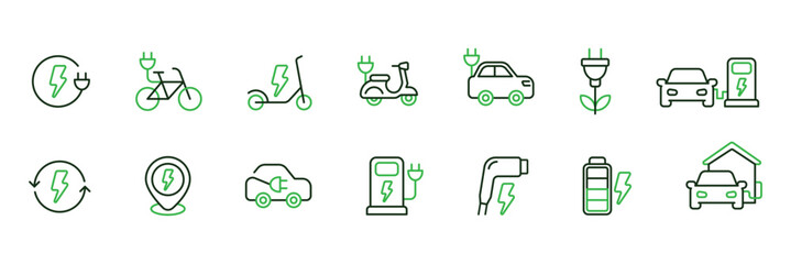 Electric vehicle icon set with outline style. ev icons set. includes electric car, EV charging, battery, scooter, bike, mototrbike.. Suitable for sustainable transport UI/UX design. Two color.