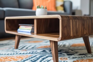 Wooden coffee table with open shelf for books, rectangular top, and cozy carpet underneath, close-up shot